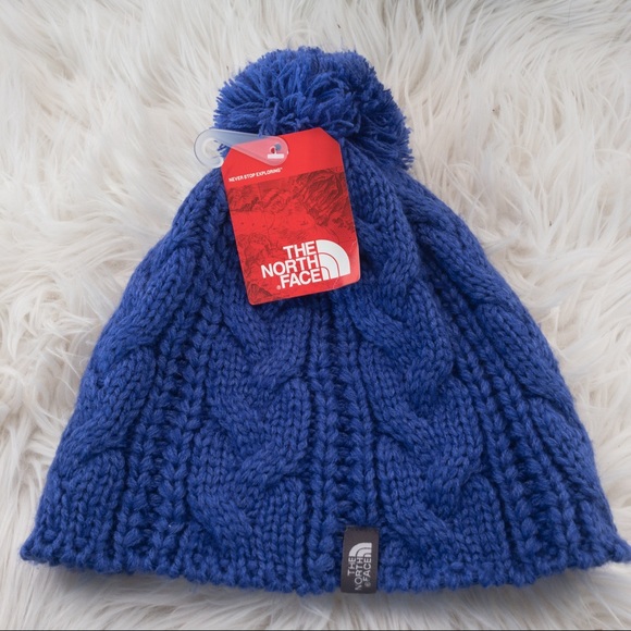 NORTH FACE BIGSBY Royal Blue Cable Knit Beanie with Pom Pom Unisex One Size NWT - Picture 4 of 13
